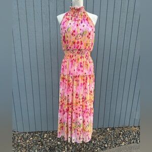 Taylor Pink Floral High Neck Maxi Dress with Smocked Waist